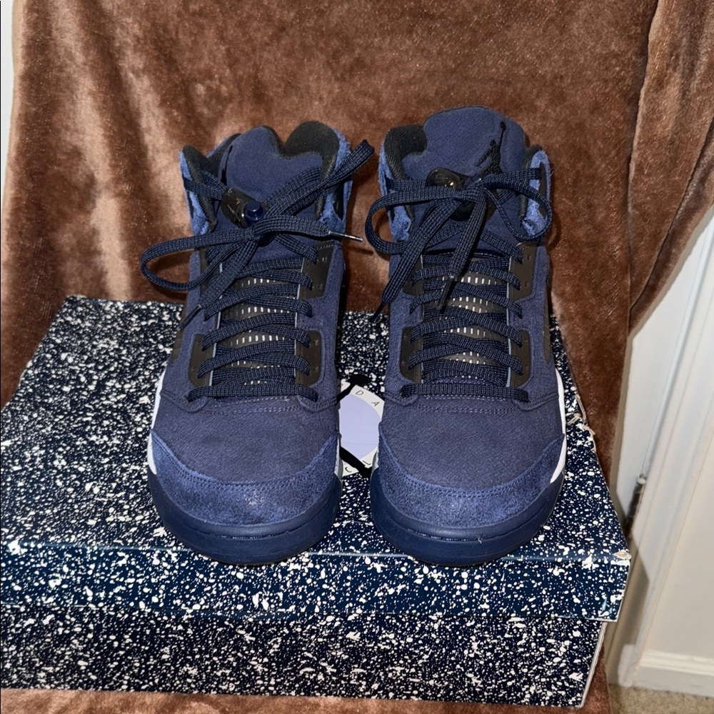 Jordan Navy Blue and White Suede High-Top Sneakers - Picture 2 of 9